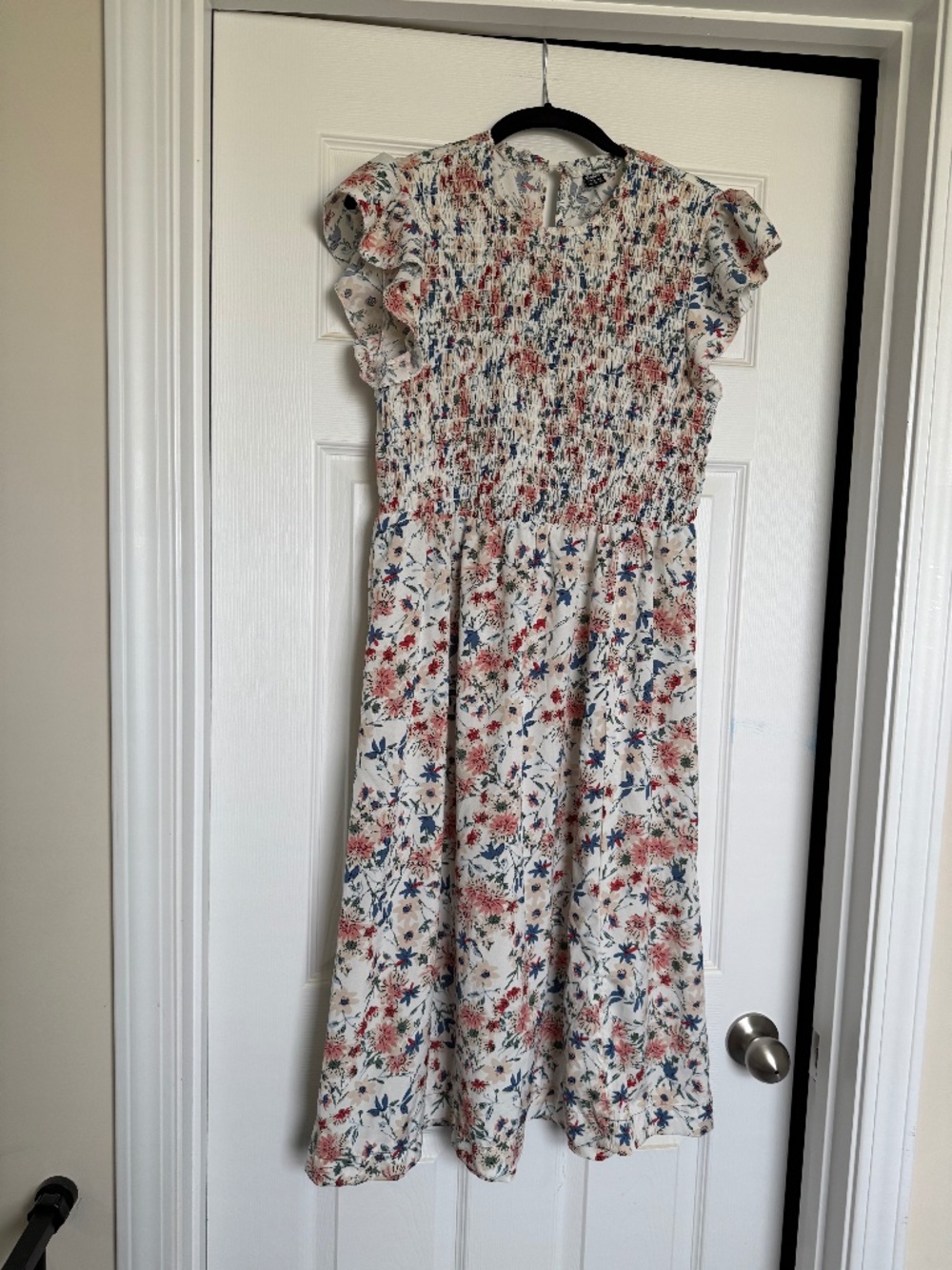 Sason Floral Smocked Midi Dress, Size L (8-10)
